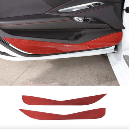 C8 Corvette Soft Carbon Fiber Door Kick Panel Insert Covers in Black / Red | Next-Gen Carbon
