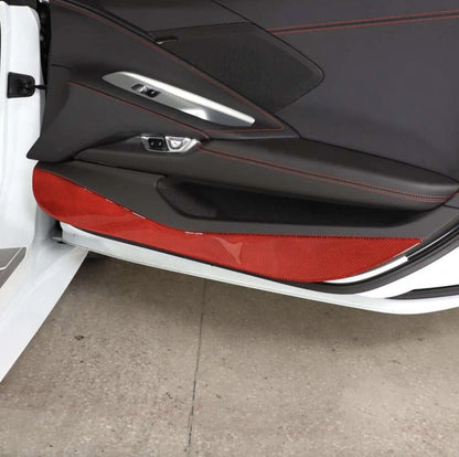 C8 Corvette Soft Carbon Fiber Door Kick Panel Insert Covers in Black / Red | Next-Gen Carbon