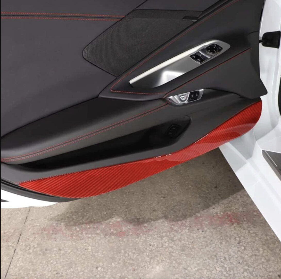 C8 Corvette Soft Carbon Fiber Door Kick Panel Insert Covers in Black / Red | Next-Gen Carbon