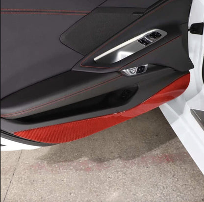 C8 Corvette Soft Carbon Fiber Door Kick Panel Insert Covers in Black / Red | Next-Gen Carbon