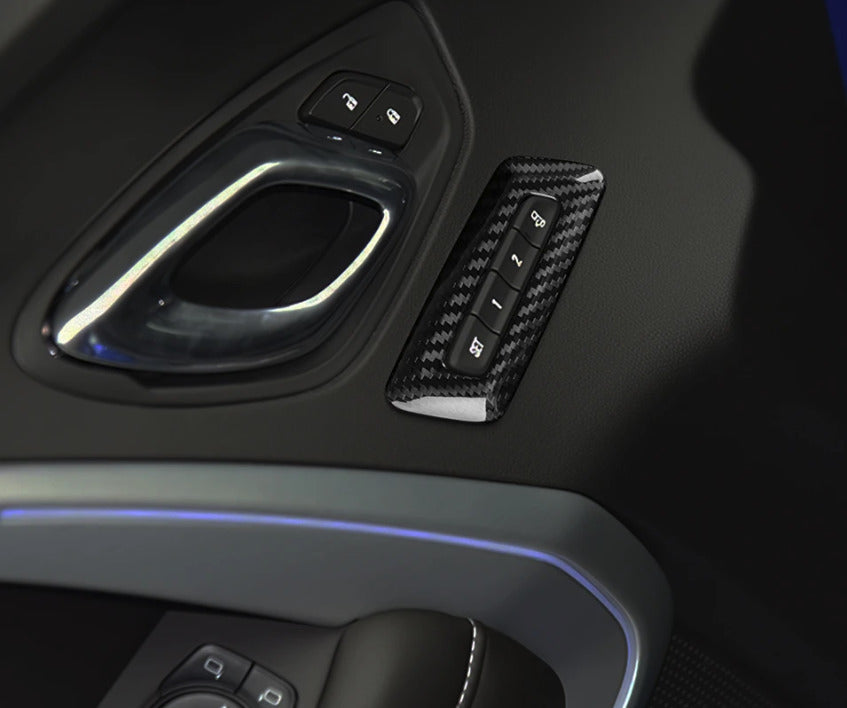2016 - 24 Camaro Real Carbon Fiber Memory Seat Control Trim | Black / Red