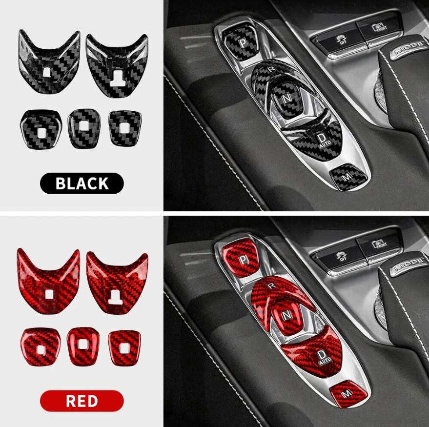 C8 Corvette Carbon Fiber Transmission Control Button Covers | Black / Red Carbon