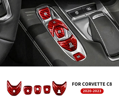 C8 Corvette Carbon Fiber Transmission Control Button Covers | Black / Red Carbon