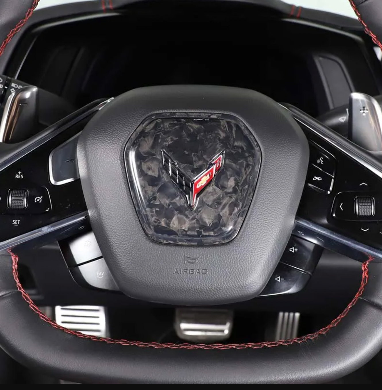 C8 Corvette Carbon Fiber Center Steering Wheel Full Cover | Black / Red / Forged