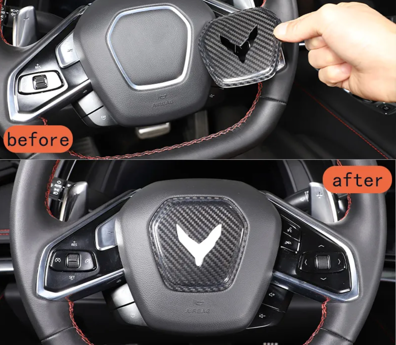C8 Corvette Carbon Fiber Center Steering Wheel Full Cover | Black / Red / Forged