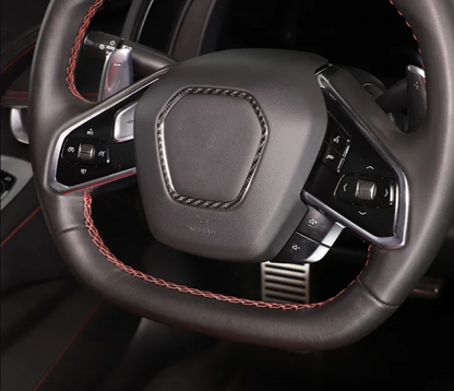 C8 Corvette Carbon Fiber Center Steering Wheel Chrome Trim Cover