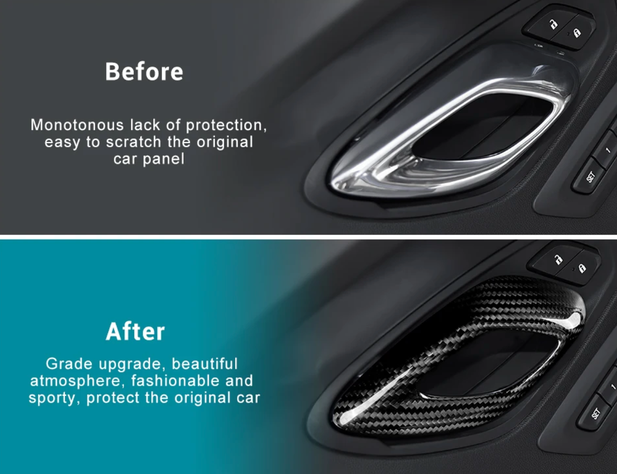 2016 - 24 Camaro Carbon Fiber Interior Door Handle Chrome Delete Covers | Black / Red Carbon
