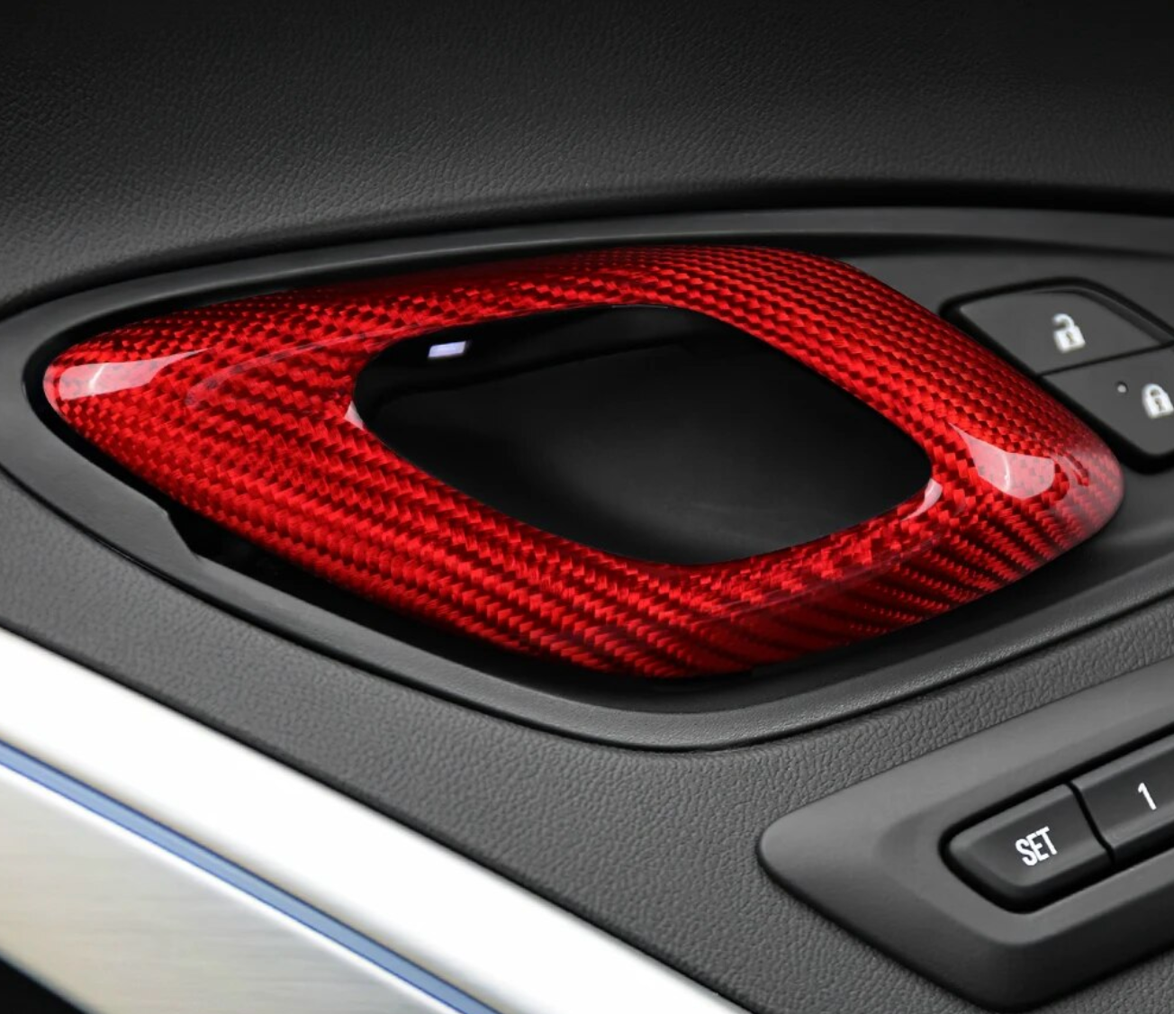 2016 - 24 Camaro Carbon Fiber Interior Door Handle Chrome Delete Covers | Black / Red Carbon