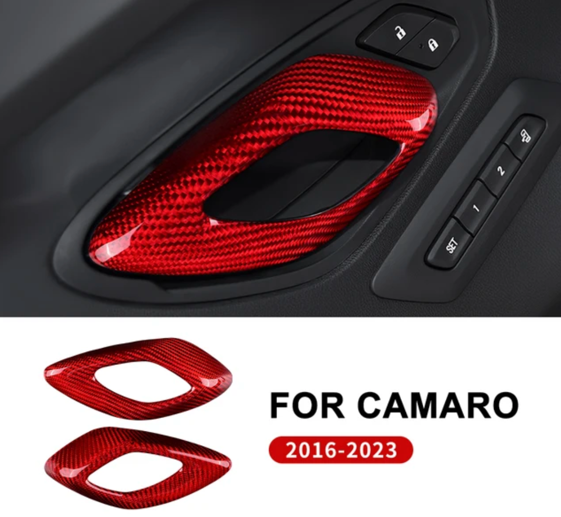 2016 - 24 Camaro Carbon Fiber Interior Door Handle Chrome Delete Covers | Black / Red Carbon