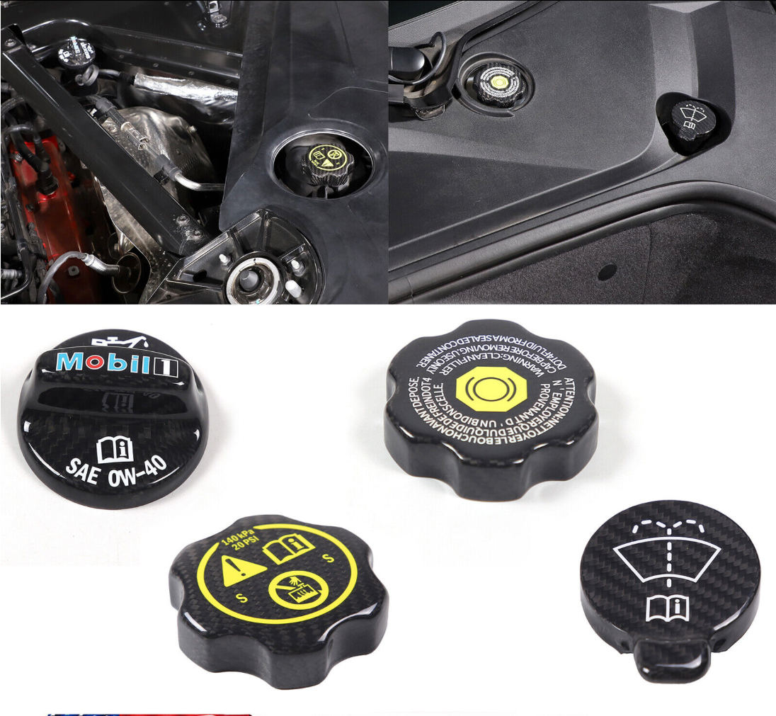 C8 Corvette Real Carbon Fiber Engine Oil Coolant Water Tank Cap Cover Kit
