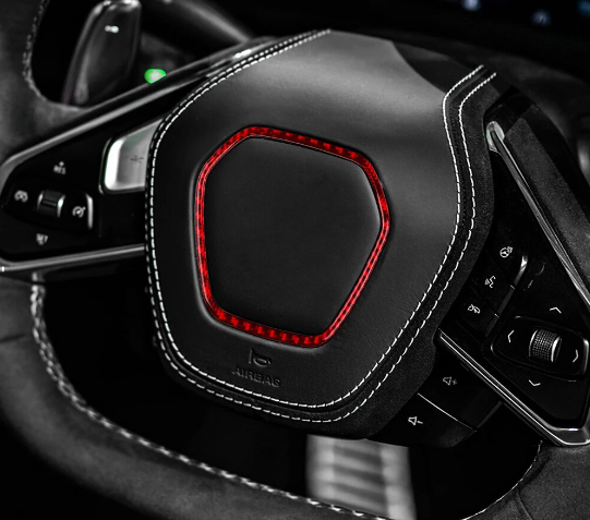 C8 Corvette Soft Carbon Fiber Center Steering Wheel Chrome Trim Cover | Black / Red