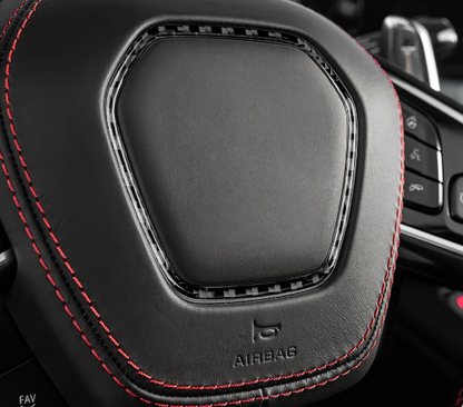 C8 Corvette Soft Carbon Fiber Center Steering Wheel Chrome Trim Cover | Black / Red