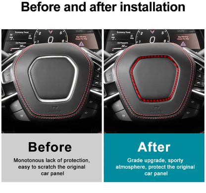 C8 Corvette Soft Carbon Fiber Center Steering Wheel Chrome Trim Cover | Black / Red