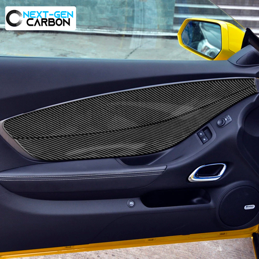 2010 - 15 Camaro Real Carbon Fiber Door Panel Overlays (Coupe/Convertible) | Black / Red Carbon