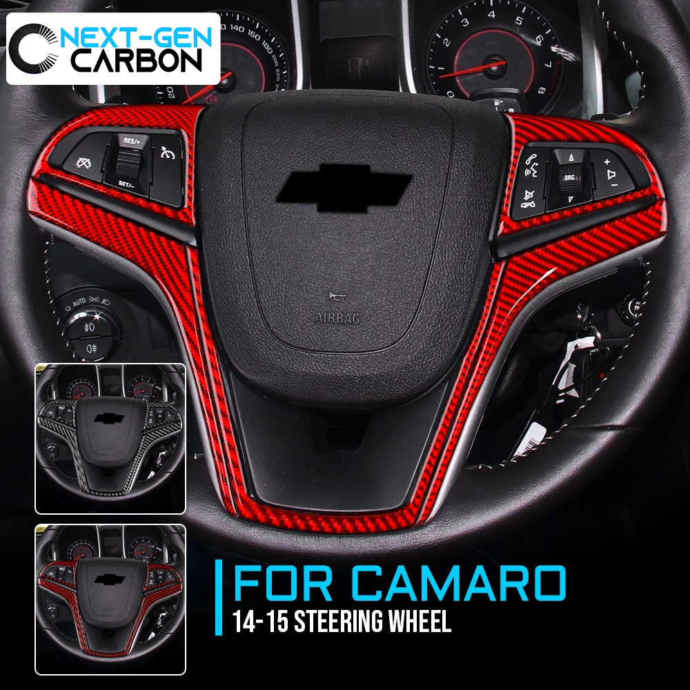 2013-15 Camaro Real Carbon Fiber Steering Wheel Trim Cover Kit | Black / Red Carbon