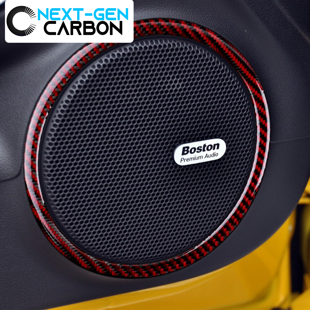 2010 - 15 Camaro Real Carbon Fiber Door Speaker Trim Rings Covers | Black / Red Carbon