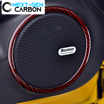 2010 - 15 Camaro Real Carbon Fiber Door Speaker Trim Rings Covers | Black / Red Carbon