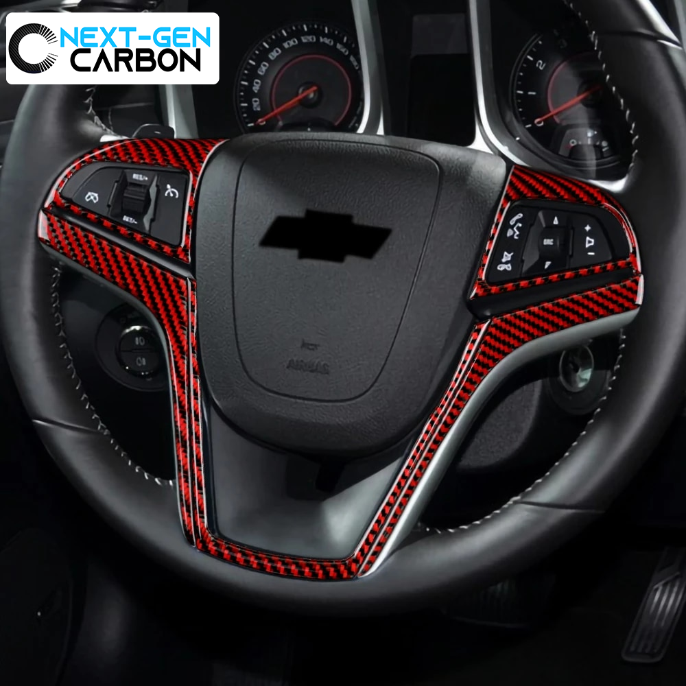 2013-15 Camaro Real Carbon Fiber Steering Wheel Trim Cover Kit | Black / Red Carbon