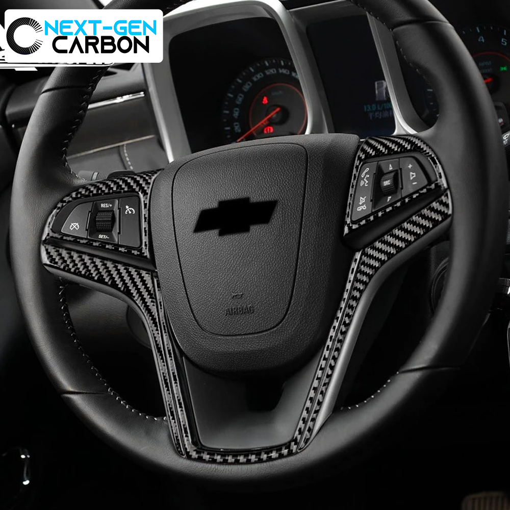 2013-15 Camaro Real Carbon Fiber Steering Wheel Trim Cover Kit | Black / Red Carbon