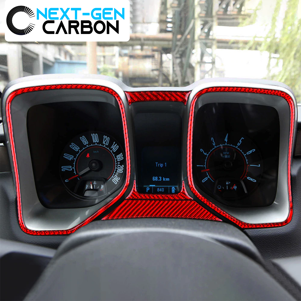 2010 - 15 Camaro Carbon Fiber Speedometer Trim Cover Kit | Black / Red Carbon