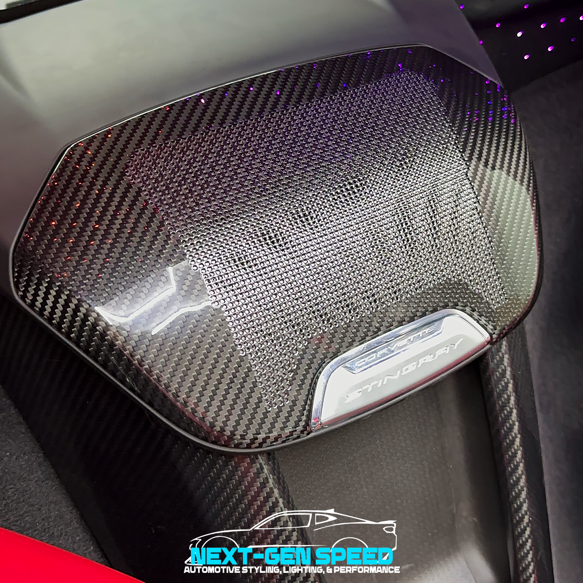 C8 Corvette Carbon Fiber Interior Subwoofer Speaker Cover | Black / Red Carbon