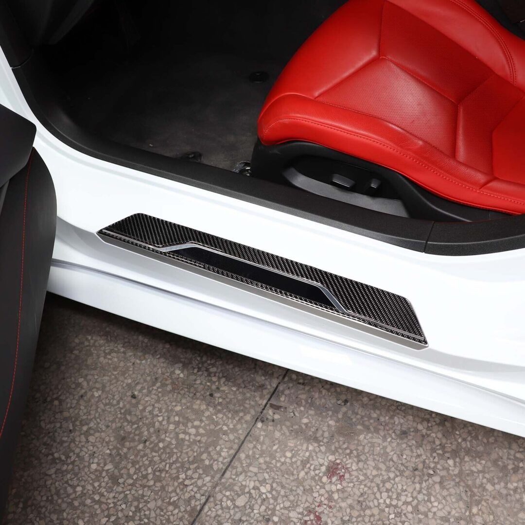 C8 Corvette Soft Carbon Fiber Door Sill Covers in Black / Red | Next-Gen Carbon