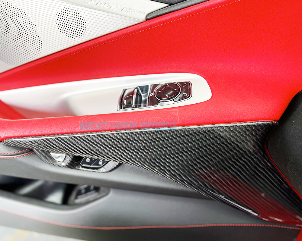 C8 Corvette Carbon Fiber Inner Door Panel Lower Trim Cover | Black / Red