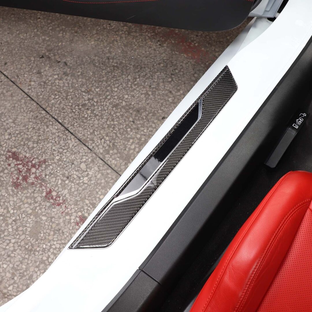 C8 Corvette Soft Carbon Fiber Door Sill Covers in Black / Red | Next-Gen Carbon