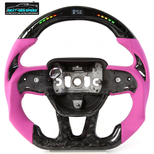 2015 - 23 Dodge Charger / Challenger / Durango / Track Hawk SRT LED Forged Carbon Fiber Pink Leather Steering Wheel | Next-Gen Carbon