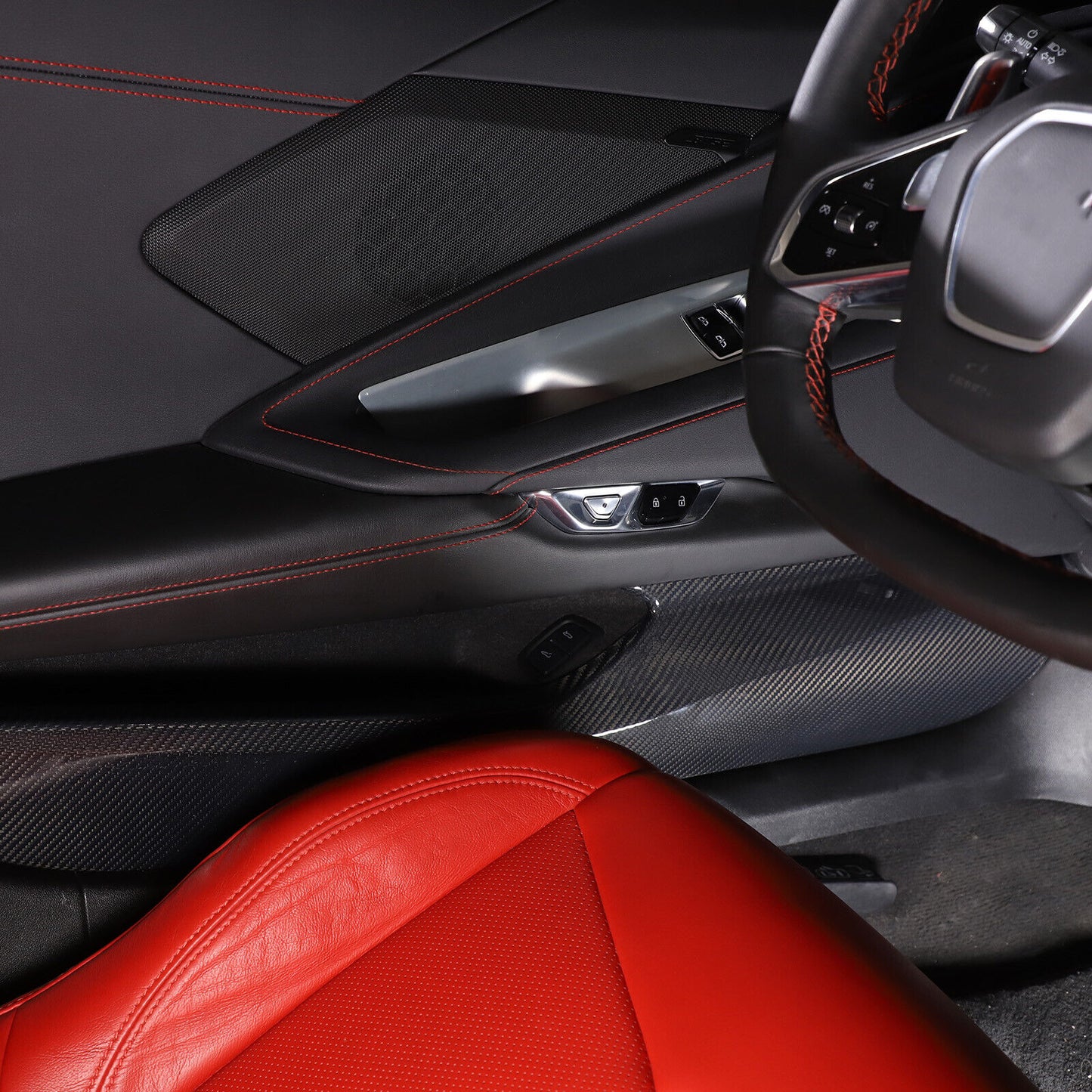 C8 Corvette Hard Carbon Fiber Door Kick Panel Trim Cover Kit | Black / Red