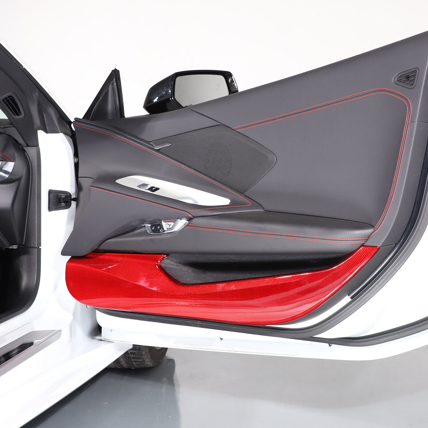 C8 Corvette Hard Carbon Fiber Door Kick Panel Trim Cover Kit | Black / Red