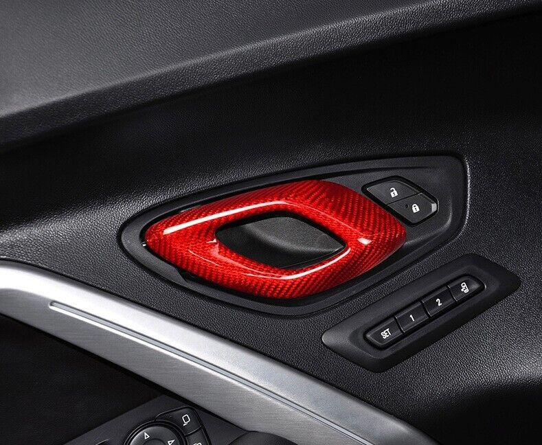 2016 - 24 Camaro Carbon Fiber Interior Door Handle Chrome Delete Covers | Black / Red Carbon