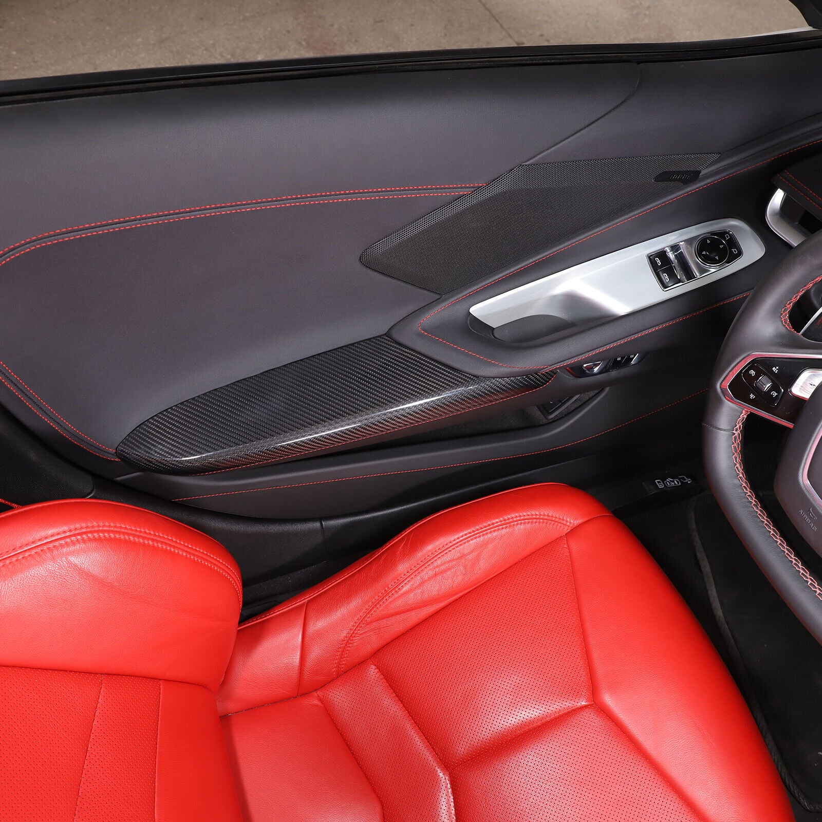 C8 Corvette Real Carbon Fiber Door Panel Armrest Covers | Black / Red