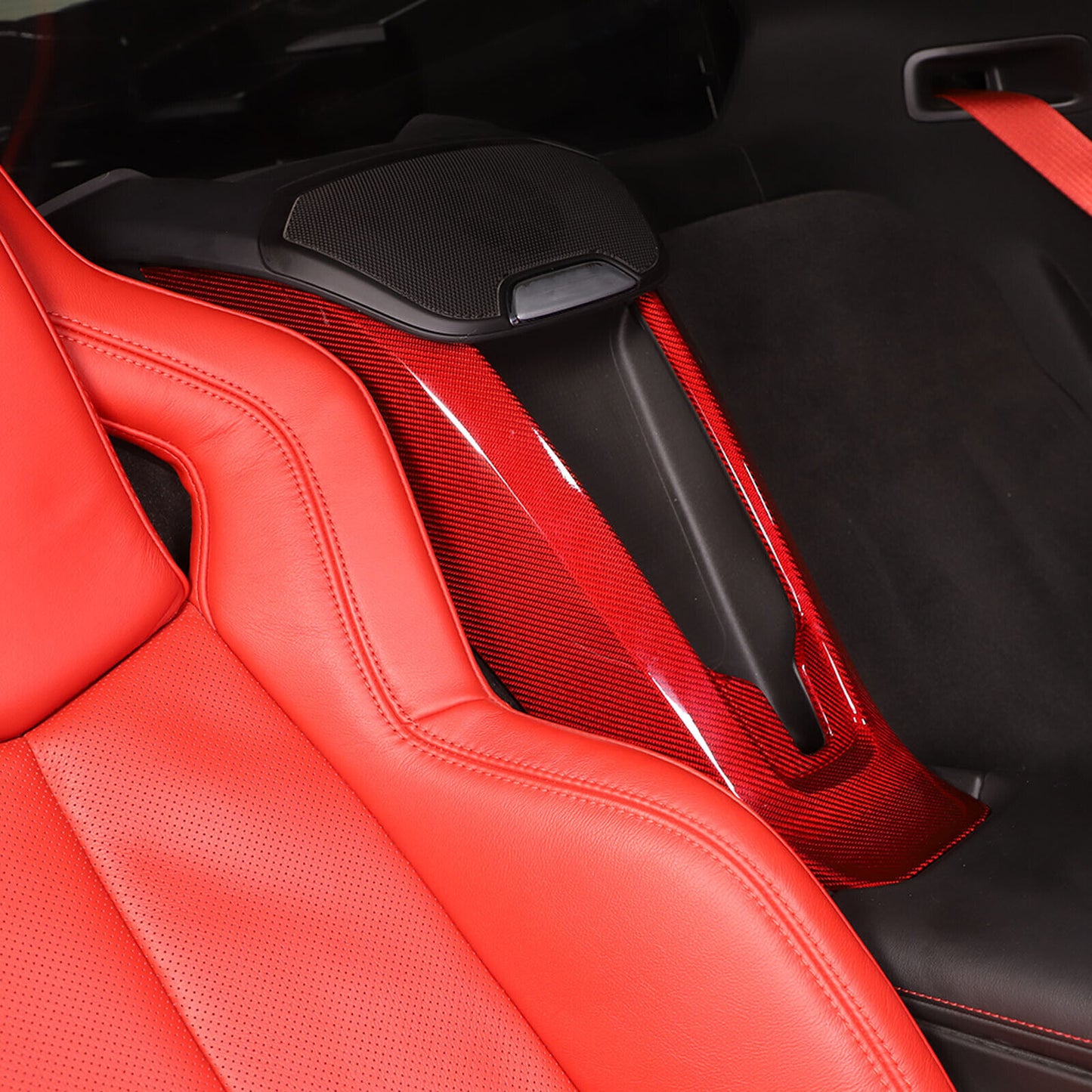 C8 Corvette Carbon Fiber Rear Waterfall Compartment Cover | Black / Red Carbon Fiber