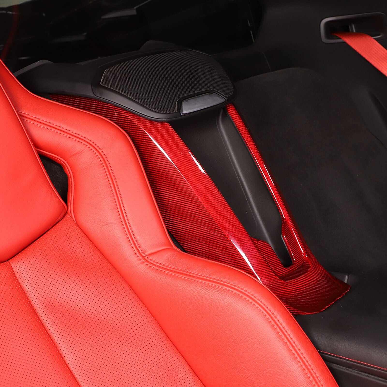 C8 Corvette Carbon Fiber Rear Waterfall Compartment Cover | Black / Red Carbon Fiber