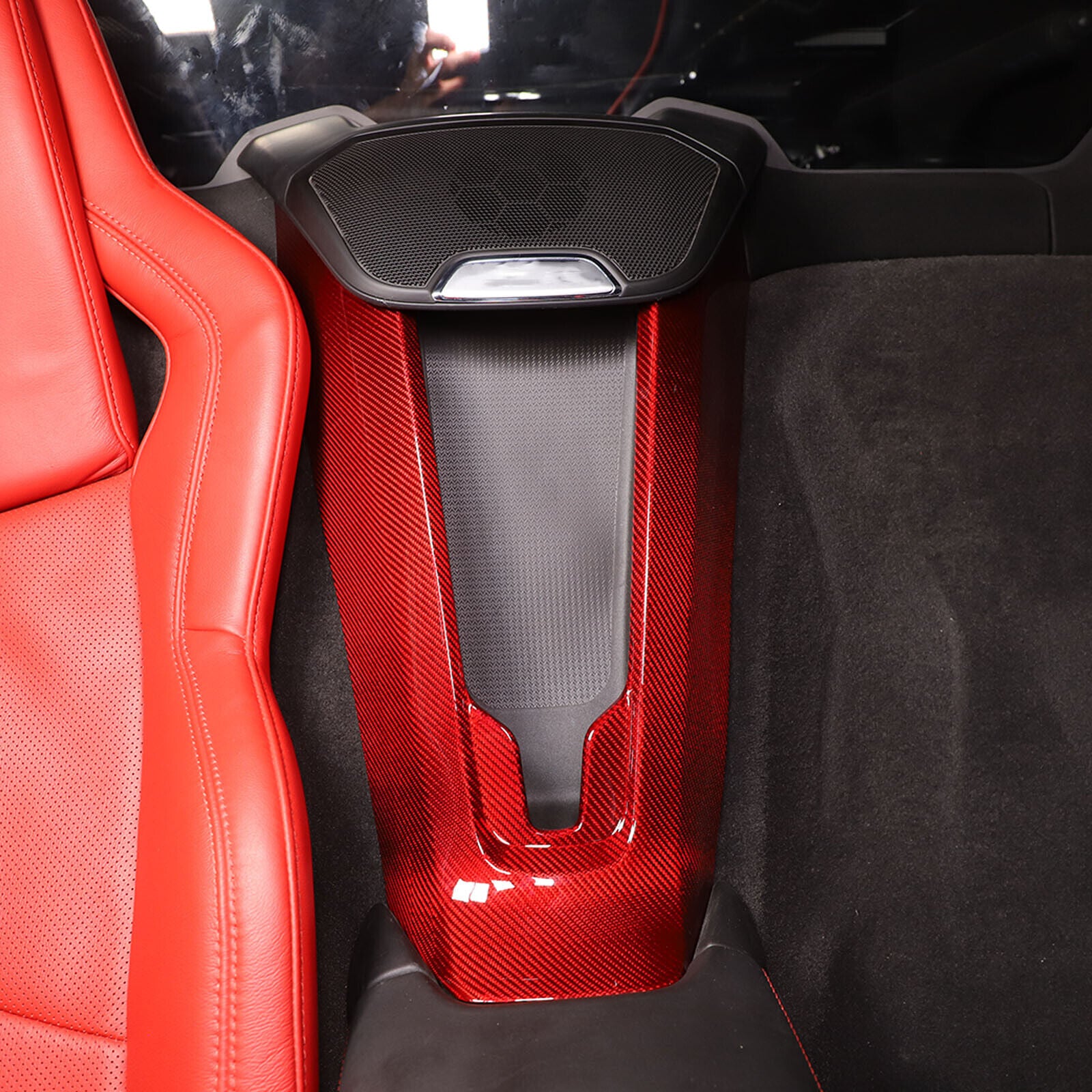 C8 Corvette Carbon Fiber Rear Waterfall Compartment Cover | Black / Red Carbon Fiber