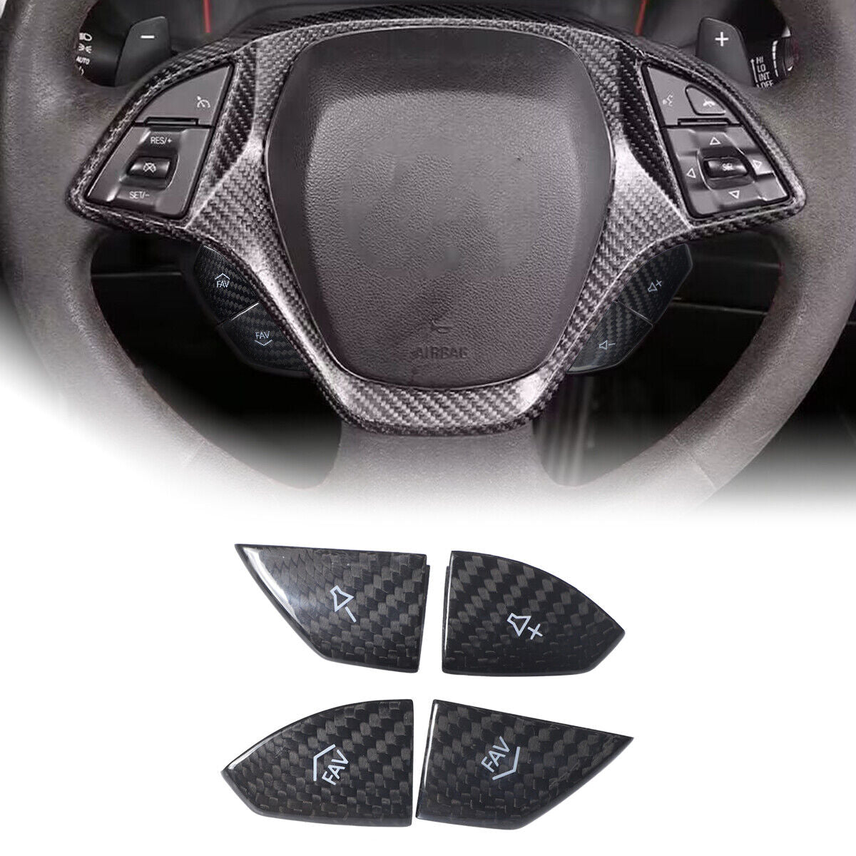 2014 - 19 Corvette C7 Carbon Fiber Steering Volume / Fav Button Covers (Black/Red)