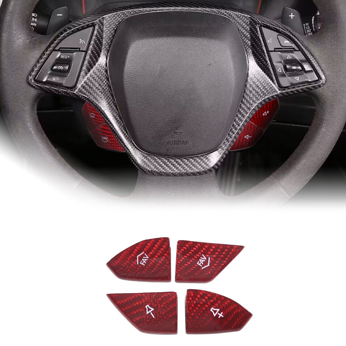 2014 - 19 Corvette C7 Carbon Fiber Steering Volume / Fav Button Covers (Black/Red)