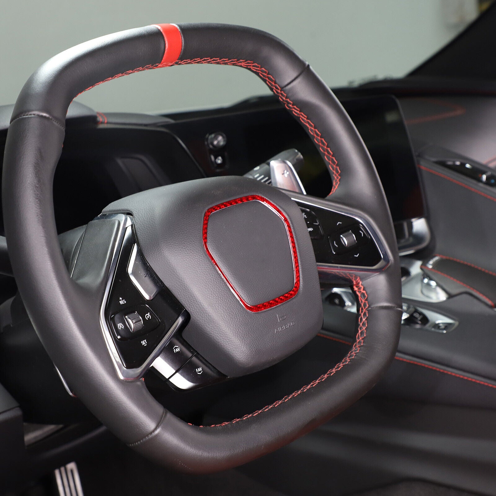 C8 Corvette Red Carbon Fiber Center Steering Wheel Chrome Trim Cover | Next-Gen Carbon