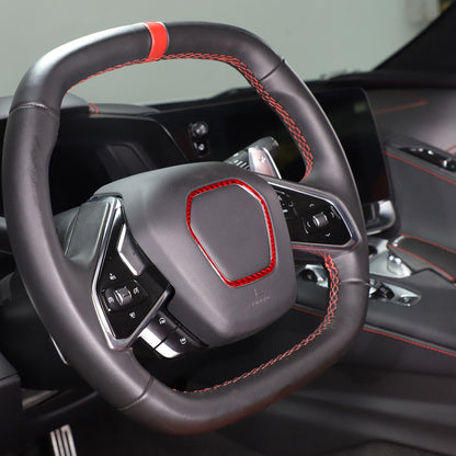 C8 Corvette Red Carbon Fiber Center Steering Wheel Chrome Trim Cover | Next-Gen Carbon