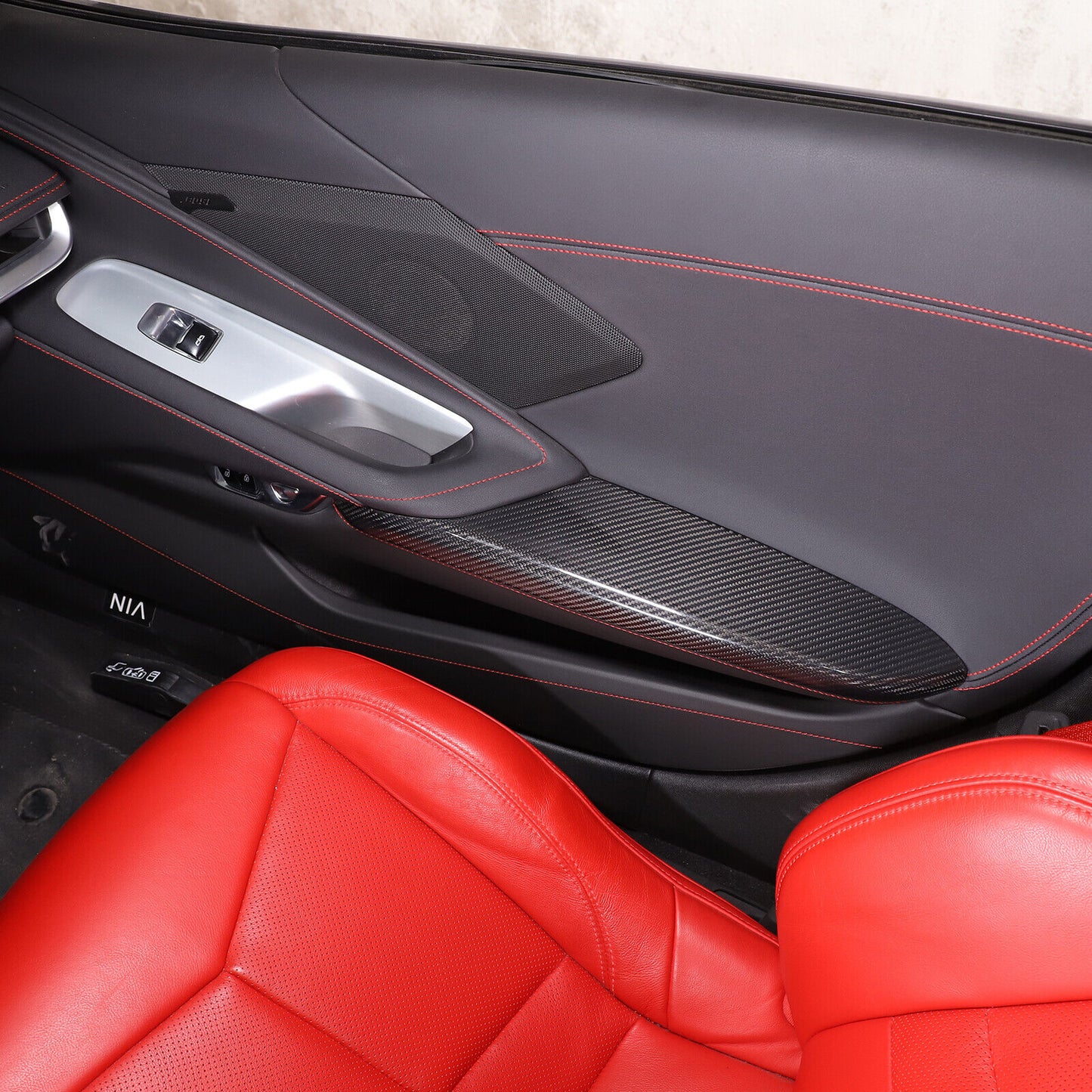 C8 Corvette Real Carbon Fiber Door Panel Armrest Covers | Black / Red