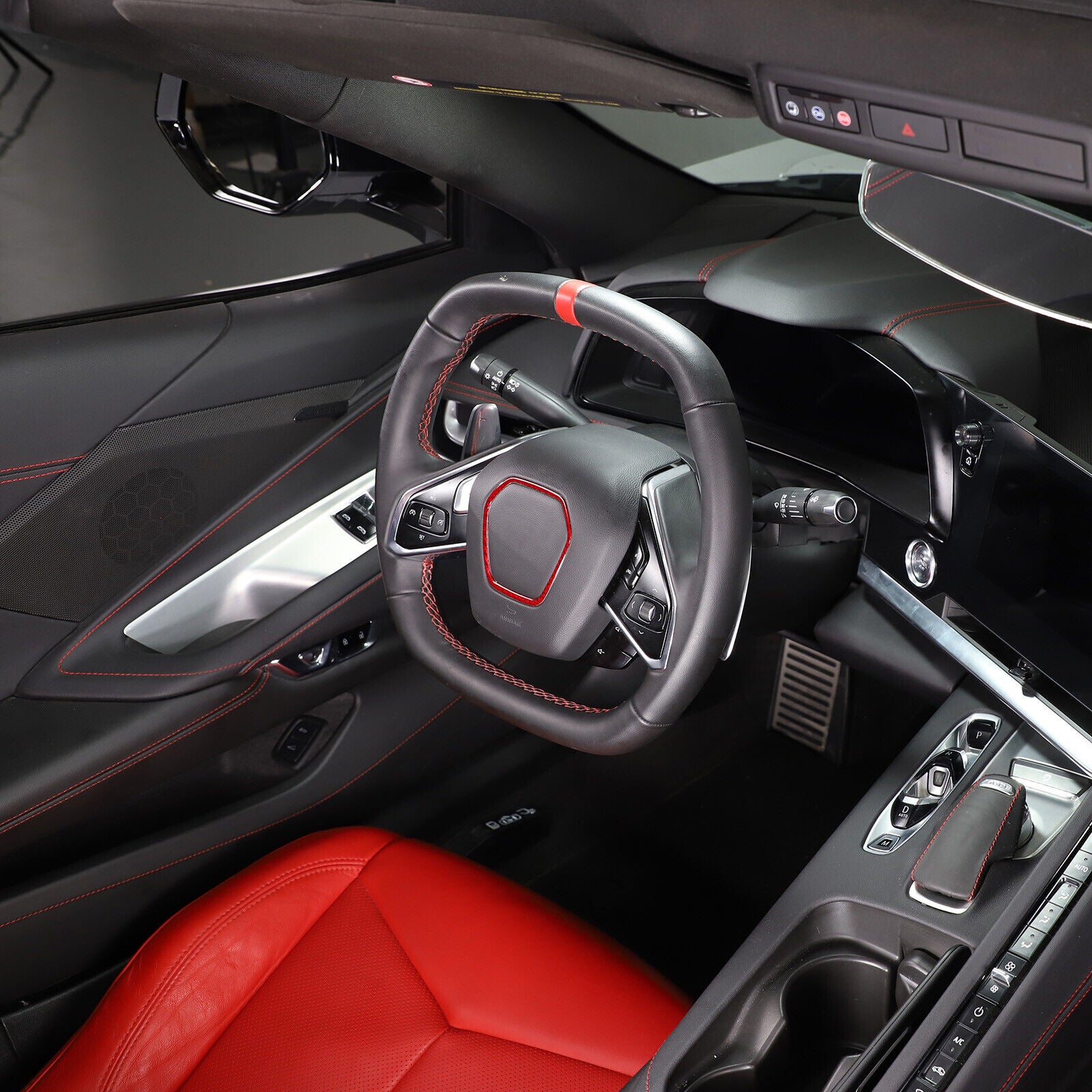C8 Corvette Red Carbon Fiber Center Steering Wheel Chrome Trim Cover | Next-Gen Carbon