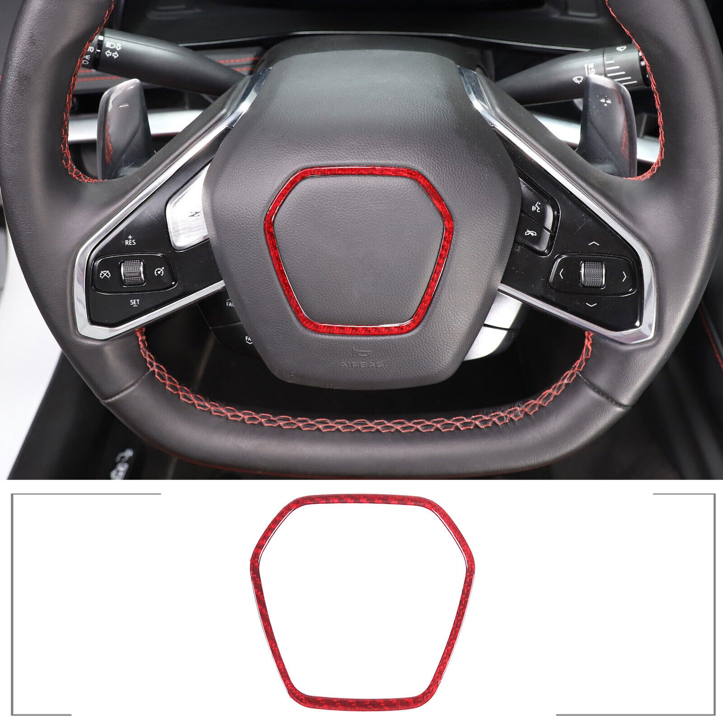 C8 Corvette Red Carbon Fiber Center Steering Wheel Chrome Trim Cover | Next-Gen Carbon