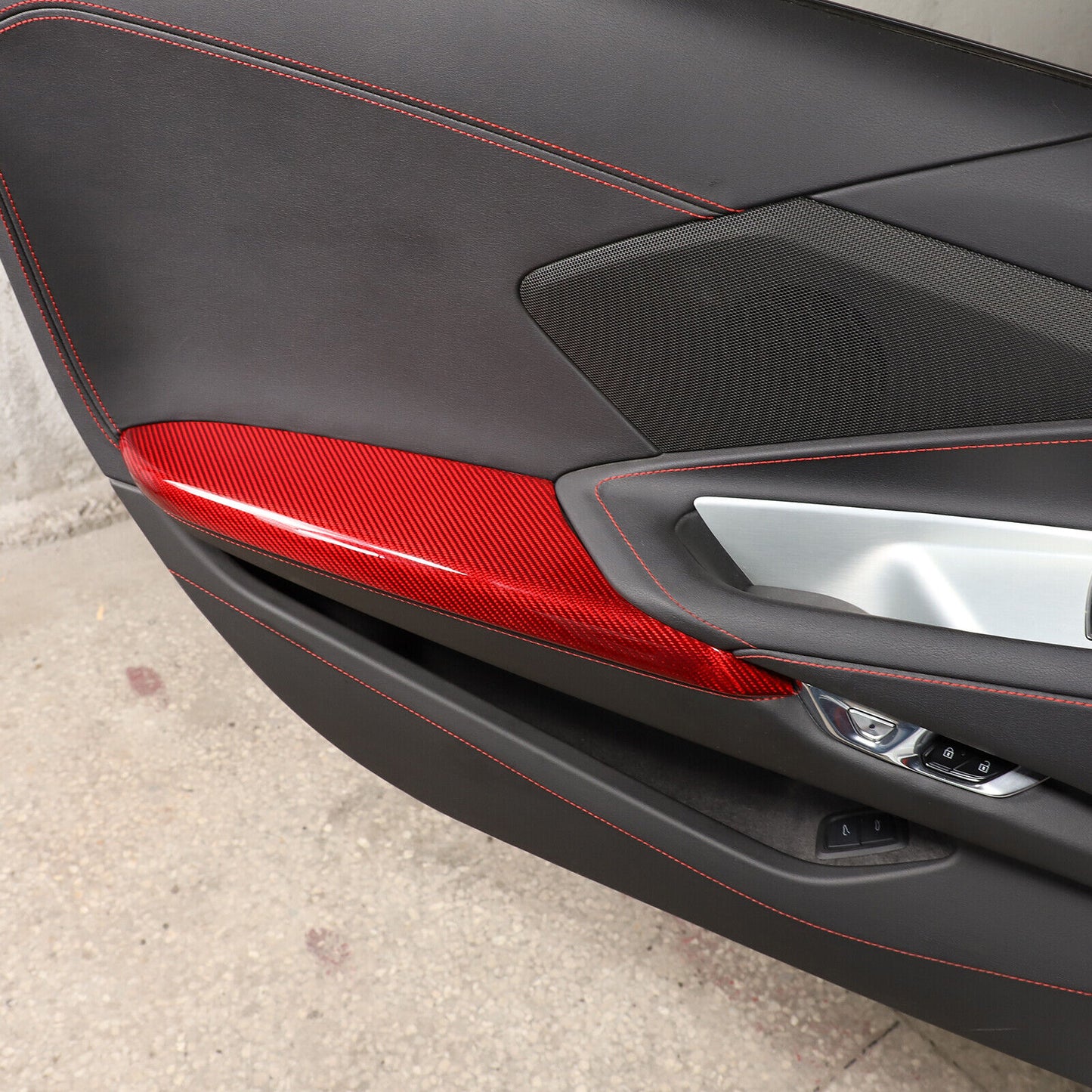 C8 Corvette Real Carbon Fiber Door Panel Armrest Covers | Black / Red