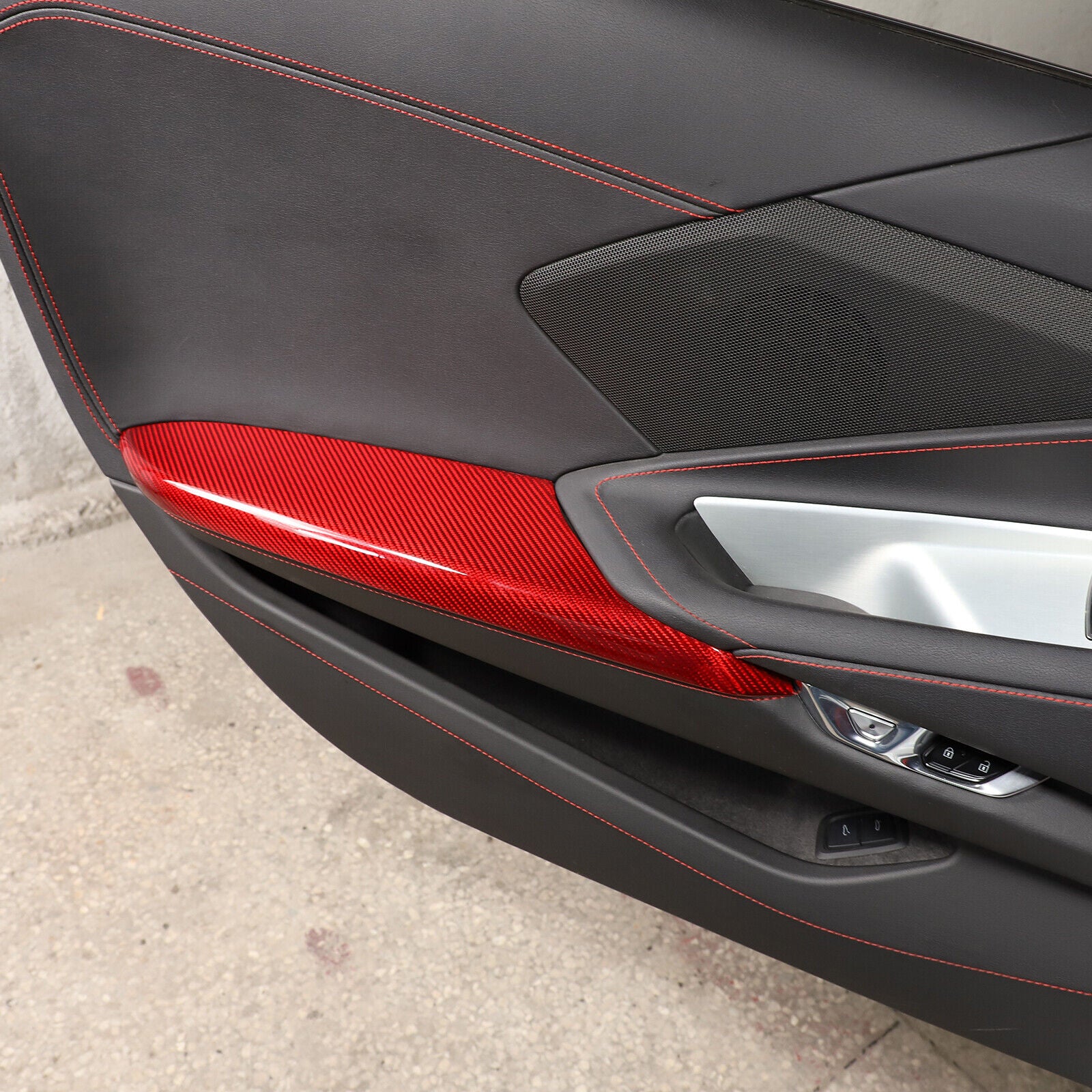 C8 Corvette Real Carbon Fiber Door Panel Armrest Covers | Black / Red