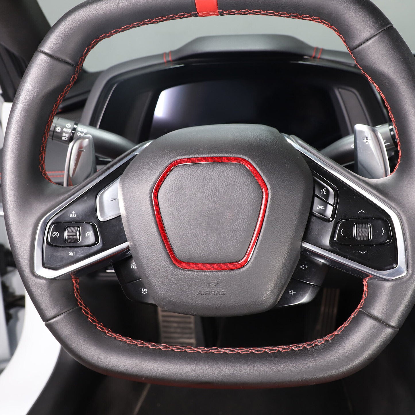 C8 Corvette Red Carbon Fiber Center Steering Wheel Chrome Trim Cover | Next-Gen Carbon