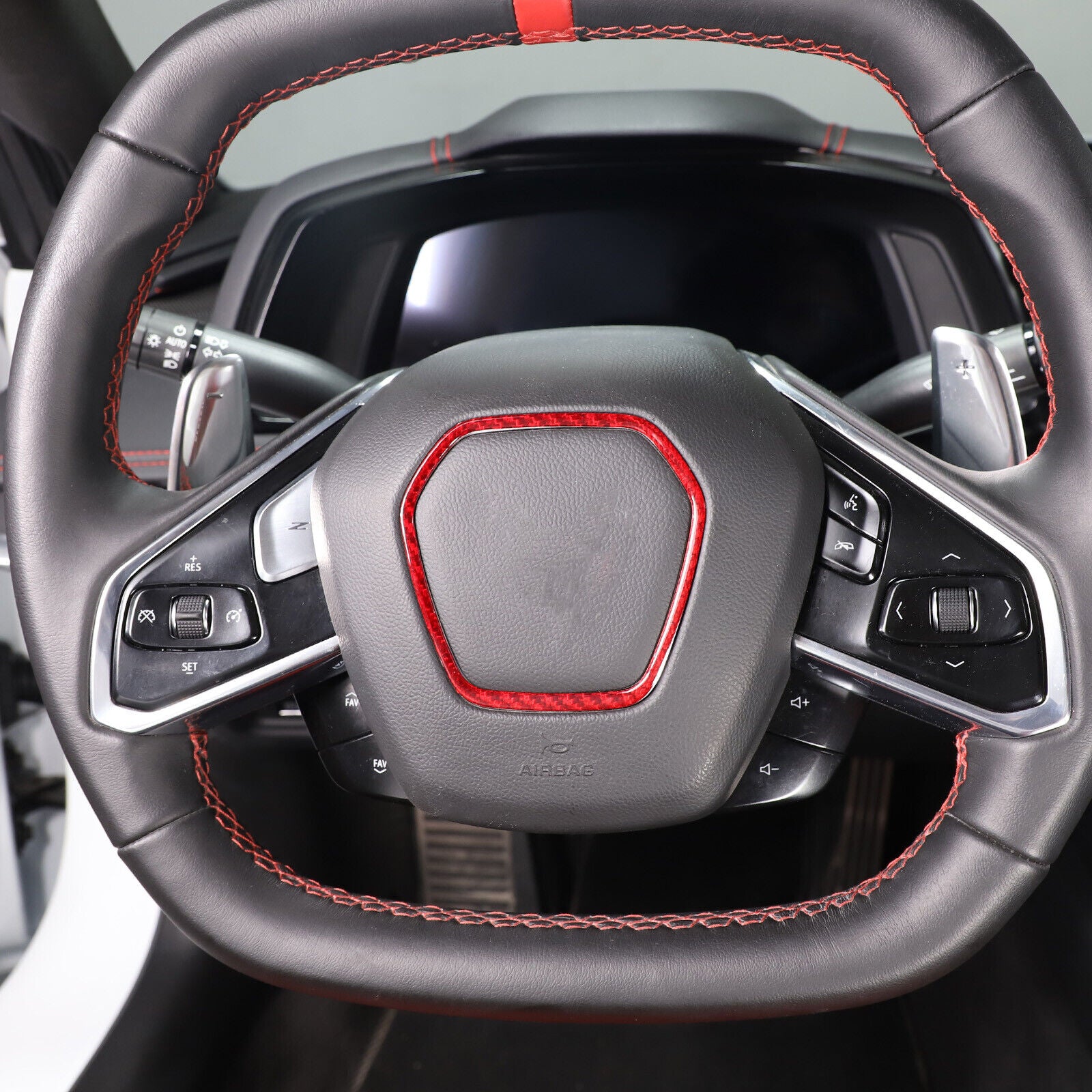 C8 Corvette Red Carbon Fiber Center Steering Wheel Chrome Trim Cover | Next-Gen Carbon