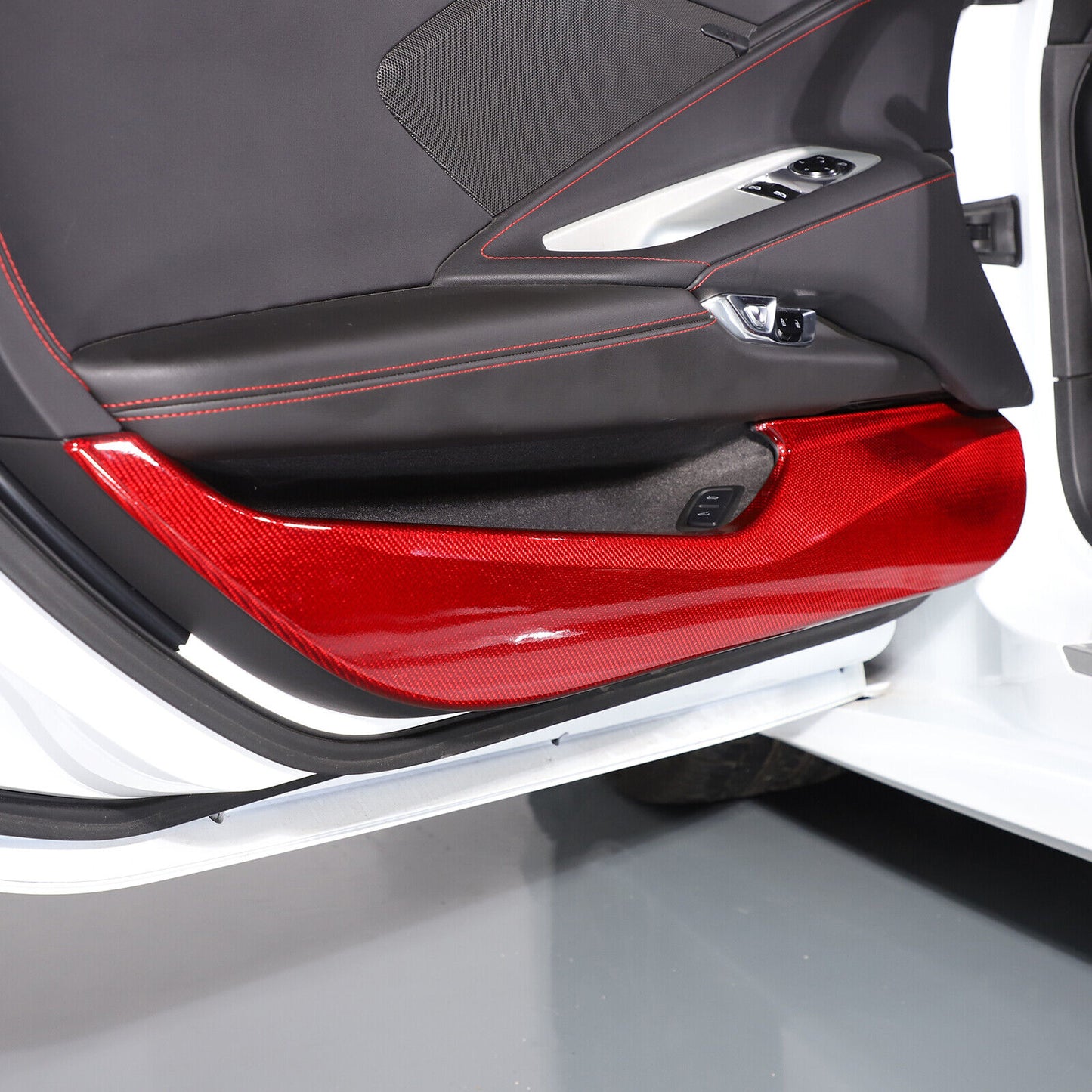 C8 Corvette Hard Carbon Fiber Door Kick Panel Trim Cover Kit | Black / Red