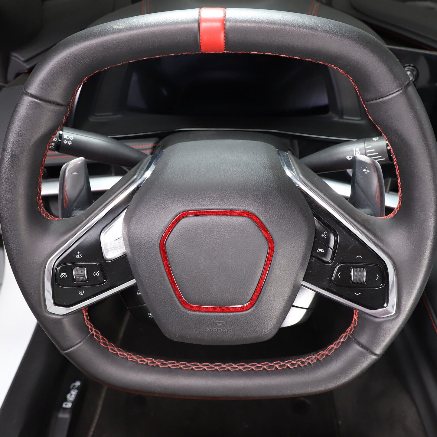 C8 Corvette Red Carbon Fiber Center Steering Wheel Chrome Trim Cover | Next-Gen Carbon