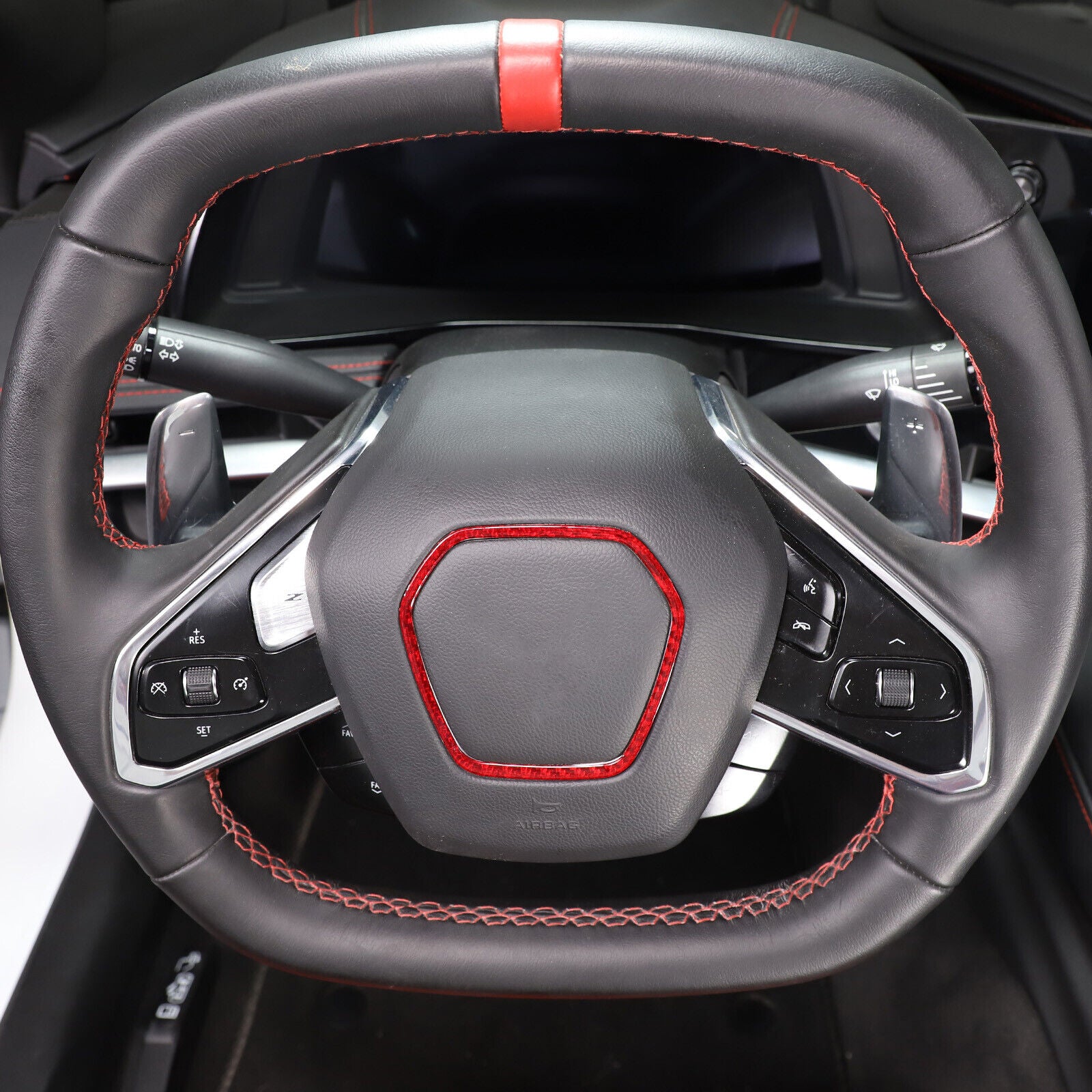C8 Corvette Red Carbon Fiber Center Steering Wheel Chrome Trim Cover | Next-Gen Carbon